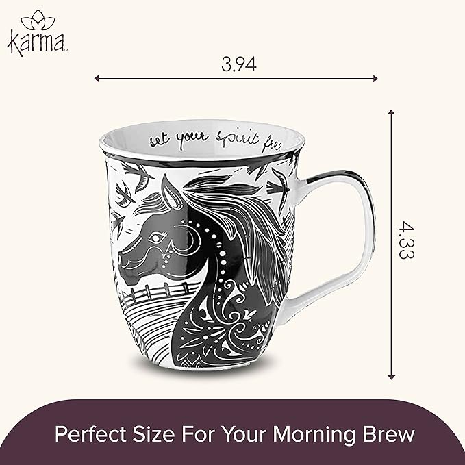 Karma Gifts 16 oz Black and White Boho Mug Horse - Cute Coffee and Tea Mug - Ceramic Coffee Mugs for Women and Men