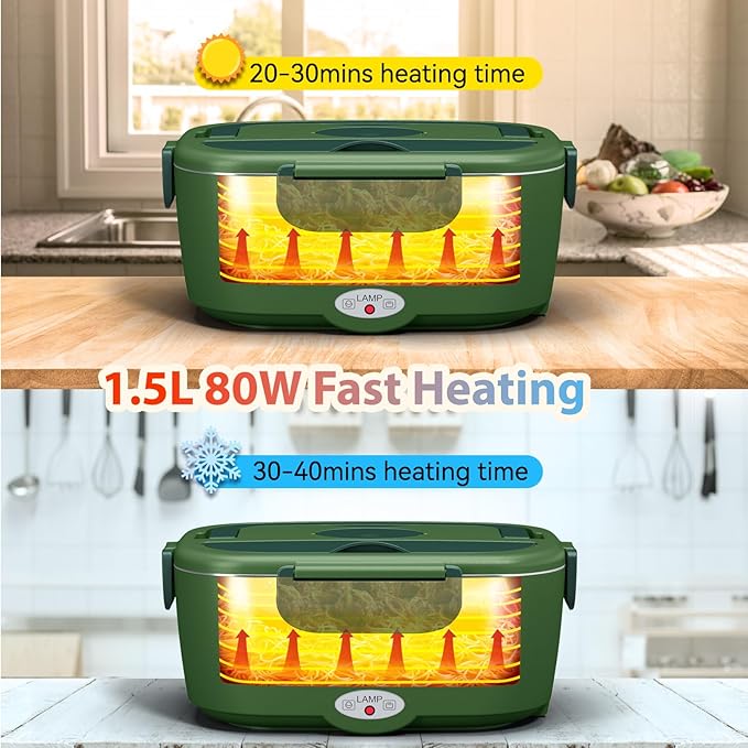 Heated Lunch Box for Men&Women - 80W Electric Lunch Box for Adults with Dual 1.5L 304 Stainless Steel Containers Fast Heating Portable Food Warmer for Car&Truck lonchera eléctrica portátil