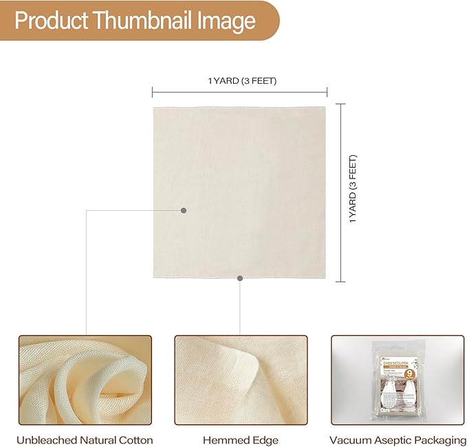 eFond Cheesecloth, 9 Square Feet Grade 100 Cheese Cloths for Straining Reusable, Washable, Lint Free and Ultra Fine Mesh Unbleached Pure Cotton Cheese Cloths for Cooking with Hemmed 2 Edges (1 Yard)