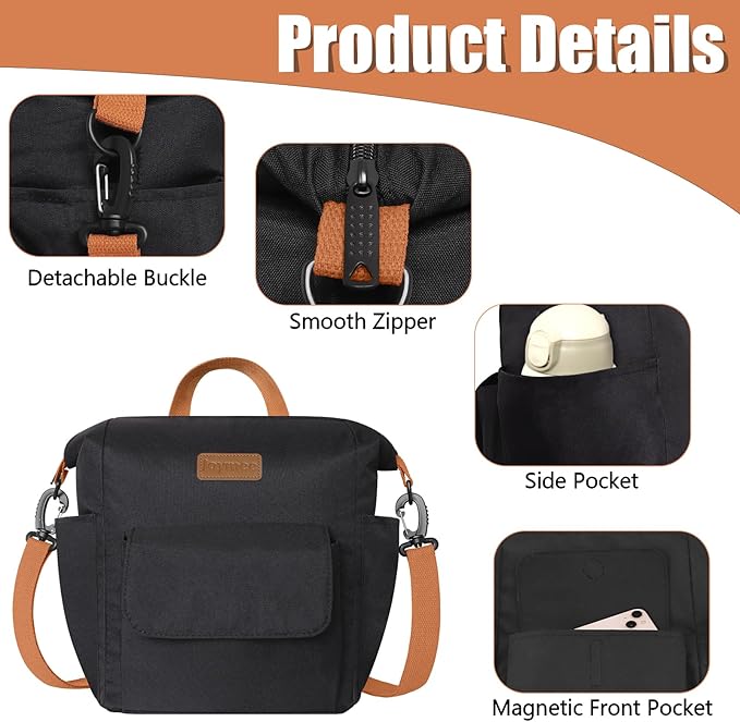 Joymee Lunch Bag Women Insulated Lunch Box Reusable Leakproof Large Spacious Cooler Tote for Women Men Adult with Bottle Holder and Side Pockets for Work Office Travel Picnic -08 Black