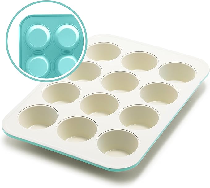 GreenLife 12-Cup Muffin Pan, PFAS-Free Healthy Nonstick Baking Tray, 11.4" x 1.9" x 15.9", Durable Ceramic Bakeware, Cupcakes, Egg Bites, Tarts, Brownies, Turquoise