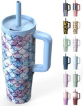 TILUCK 30 oz Tumbler with Handle, Vacuum Insulated Stainless Steel Travel Mug with 100% Leak-Proof Silicone Straw Lid, Cupholder Friendly Water Bottle(FishScales, 30oz)