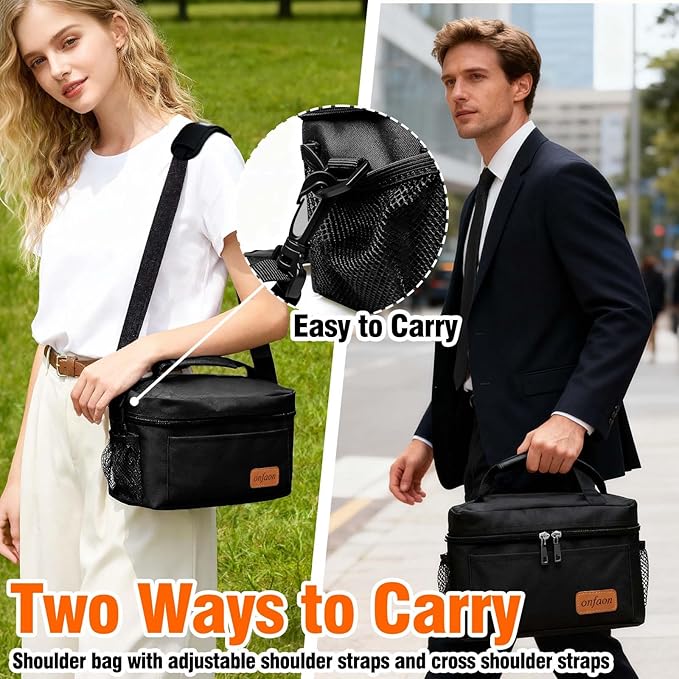 Lunch Bag for Men/Women, Insulated Reusable Lunch Box Leakproof Cooler Tote Bag Freezable with Adjustable Shoulder Strap for Office Work Picnic Beach(Black)