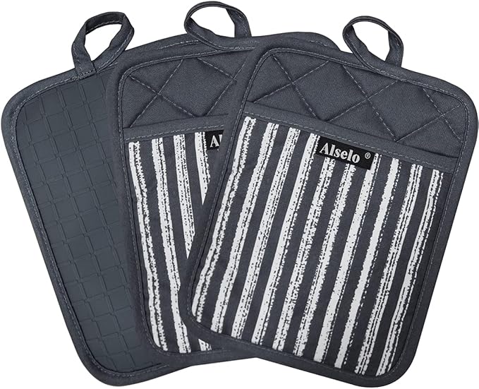 Silicone Pot Holders Set of 3 Heat Resistant & Non Slip Potholders, Professional Oven Hot Pads with Pockets Mitts for Kitchen Cooking Baking Barbecue