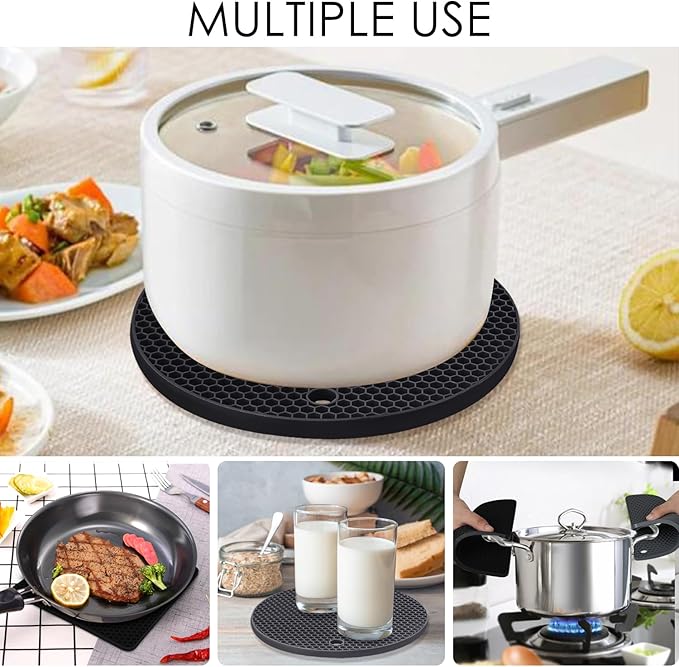 Silicone Trivet Mats, 4 Pack Silicone Pot Holders for Hot Pan and Pot Pads, Heat Resistant Counter Mats for Tables, Countertops, Spoon Rest and Large Coasters, Black & Gray (2 Squared + 2 Round Mats)