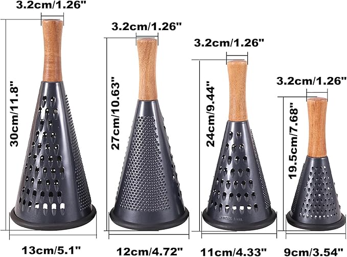 Cone Cheese Grater with Handle Stainless Steel Grater Triple Function Wood Handle Shredder Non-Slip Rubber Bottom Hand Held Multifunction Vegetables Grater Black 4-Size (Size XL:11.8" X 5.1" Black)