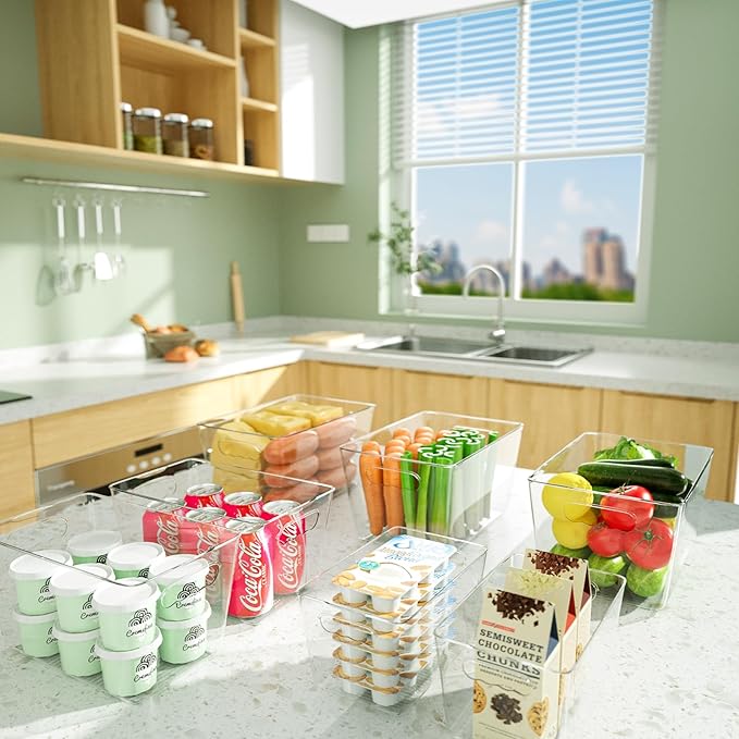 BALEINE Clear Plastic Storage Bins, Pantry Organization, BPA Free Stackable Refrigerator Organizers and Storage with Handles for Kitchen Fridge Cabinet Bathroom (4PK, 11x7.5x6)