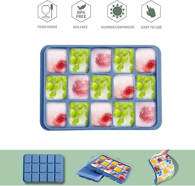 Ice Cube Trays Set of 2, Easy Release 15 Flexible Silicone Ice Cube Molds with Removable Lid Reusable Freezer Ice Trays Stackable for Whiskey, Baby Food, BPA Free (BLUE)