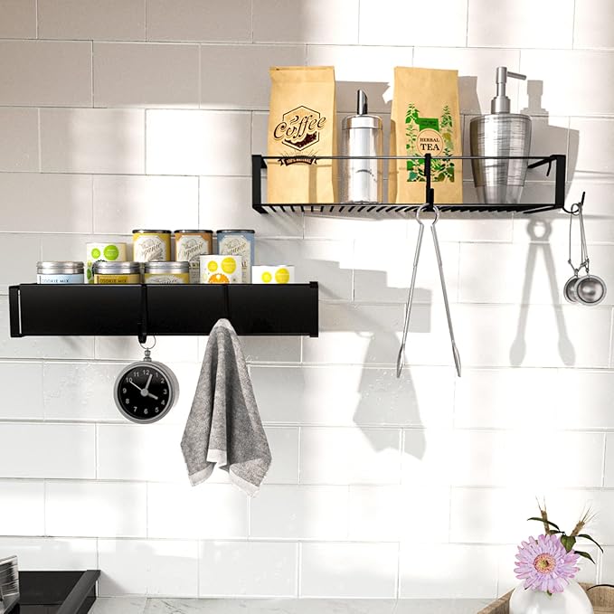 Shower Caddy, Adhesive Shower Organizer with Hooks, Shower Shelves for Inside Shower, No Drilling Shower Rack Holder, Shower Storage for Bathroom, Kitchen Spice Rack-2 Pack Black