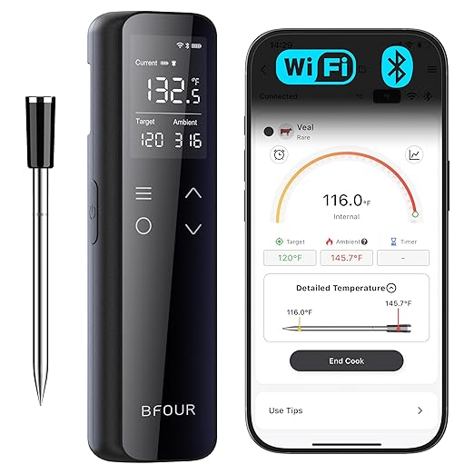 BFOUR WiFi Wireless Meat Thermometer with Standalone Base, 6 Precision Sensor, Waterproof and Heat Resistant, Intuitive Smart App, Bluetooth Meat Thermometer for Cooking, BBQ, Oven, Grill, Smoker