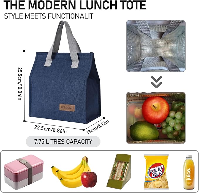 TELLUMO Lunch bag, Insulated Lunch Bag for Women Men Large Lunch Box Container Reusable Leakproof Tote for Office, Work, School, Beach or Travel (Blue)