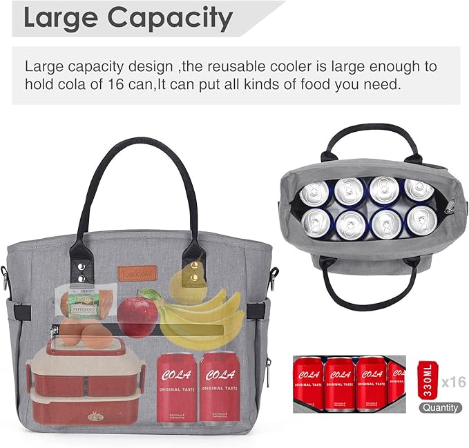 Insulated Lunch Bag for Women Men,Adult Lunch Box for Women with Adjustable Shoulder Strap,Portable Large Lunch Tote Bag for Office Work Picnic Beach,Reusable Lunch Cooler Bag