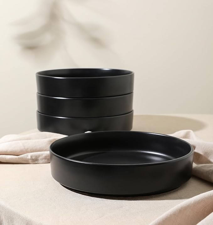 Stone Lain Celina Stoneware Bowl Set, 4-Piece Pasta Bowls for Kitchen, Ceramic Serving for Ramen, Fruit, Cereal, Dinner - Microwave & Dishwasher Safe, Black