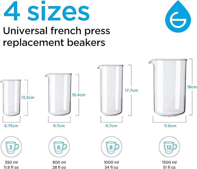 GROSCHE Borosilicate 3.3 Glass Universal Replacement Beaker for French Press Coffee and Tea Makers - Ideal Gift for Coffee Lovers and Tea Drinkers - Holiday Gift for Home Baristas - (34.oz - Medium)