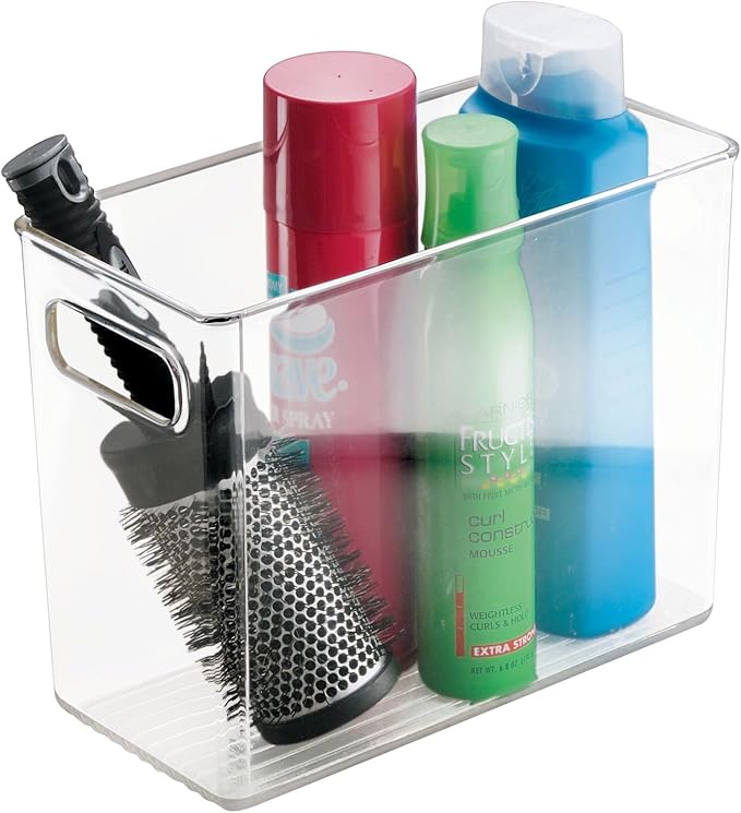 mDesign Tall Modern Stackable Plastic Storage Organizer Bin Basket with Handles for Bathroom Vanity Organization - Shelf, Cubby, Cabinet, or Closet Organizing Decor - Ligne Collection - Clear