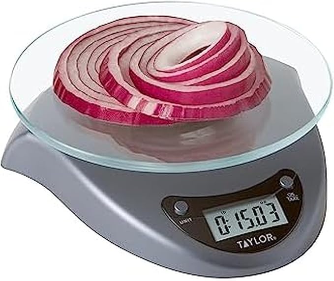 Taylor Digital Kitchen Scale with Glass Platform, Tare Button, and Plastic Body Weighs up to 11 Pounds Capacity, Silver