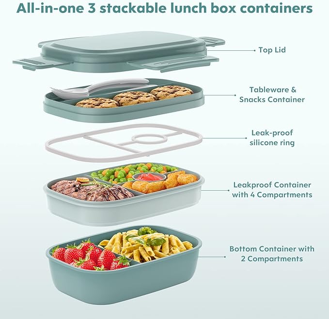 Adult Lunch Box,3 Stackable Bento Lunch Containers for Adults, Modern Minimalist Design Bento Box with Utensil Set, Leak-Proof Lunchbox for Dining Out, Work, Picnic