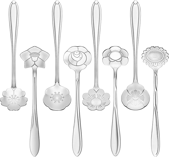 Chengu 8 Pieces Flower Coffee Tea Spoons Stainless Steel Sugar Spoons Tea Party Flower Fancy Tableware Set Stir Bar Creative Stirring Teaspoon, 8 Different Patterns(Silver)