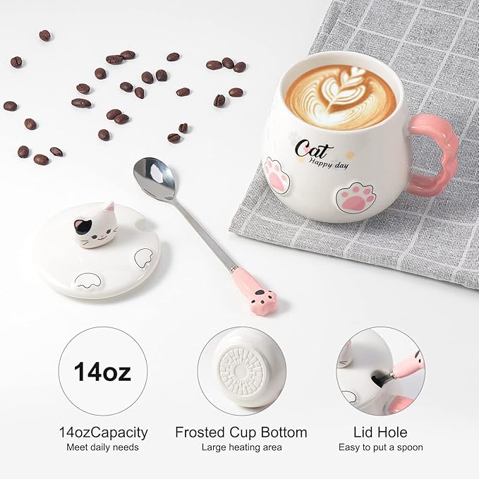 Bgbg Cute Cat Mug, Novelty Ceramic Coffee Tea Milk Cup with Lovely Kitty Lid, Kawaii Claw Spoon, Anime Coaster, Novelty Things Birthday Christmas Gift for Cat Lovers Women Her, 14 oz, White