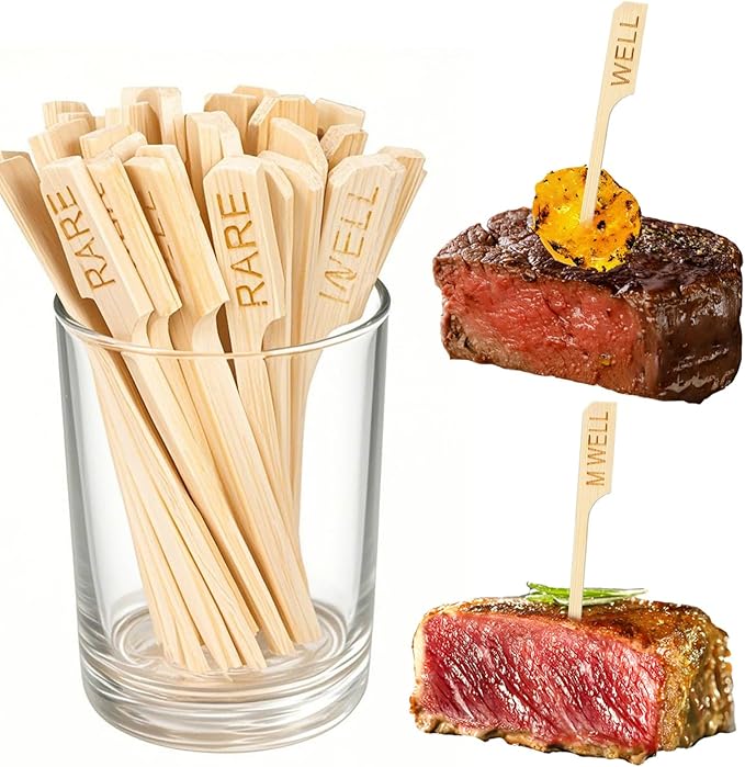 500 Pcs 3.5 Inch Assorted Bamboo Wood Steak Markers, PEOUWNES Steak Temperature Sticks Paddle Skewers for BBQ Party Kitchen Parties Catering Cocktail Fruit Grilling Roasting or Buffets Food