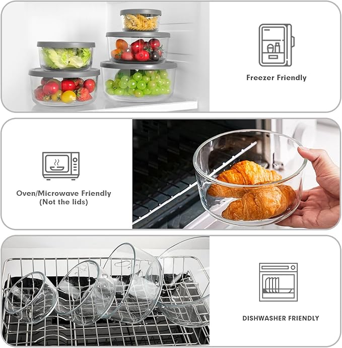 M MCIRCO 8-Pack Glass Food Storage Containers Set, Round Containers with Lids, 7, 4, 2 & 1-Cup, Microwave Dishwasher Friendly, BPA-Free Meal Prep Containers