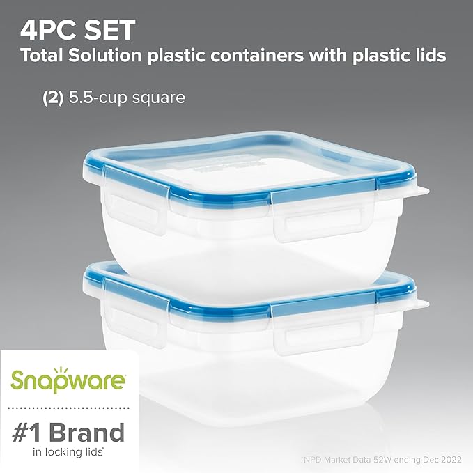Snapware Total Solution 2-Pack (5.5-Cup) Plastic Food Storage Containers Set, Leakproof & Airtight Locking Lids Square Tupperware, Non-Toxic BPA-Free Lids, Microwave Dishwasher Freezer Safe