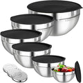 Mixing Bowls with Lids Set, 6 PCS Stainless Steel Mixing Bowls with 3 Grater Attachments, Kitchen Food Storage Organizers Nesting Mixing Bowl, Large Size 4.5, 3.5, 2.1, 1.5, 1.1, 0.7QT-Black