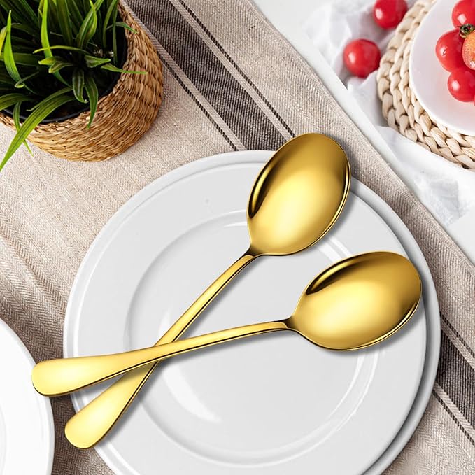 Stainless Steel Serving Spoons Set, 6pc, 10-Inch, Includes 6 Large Spoons, for Parties/Kitchen/Buffet/Catering, Dishwasher Safe, Gold