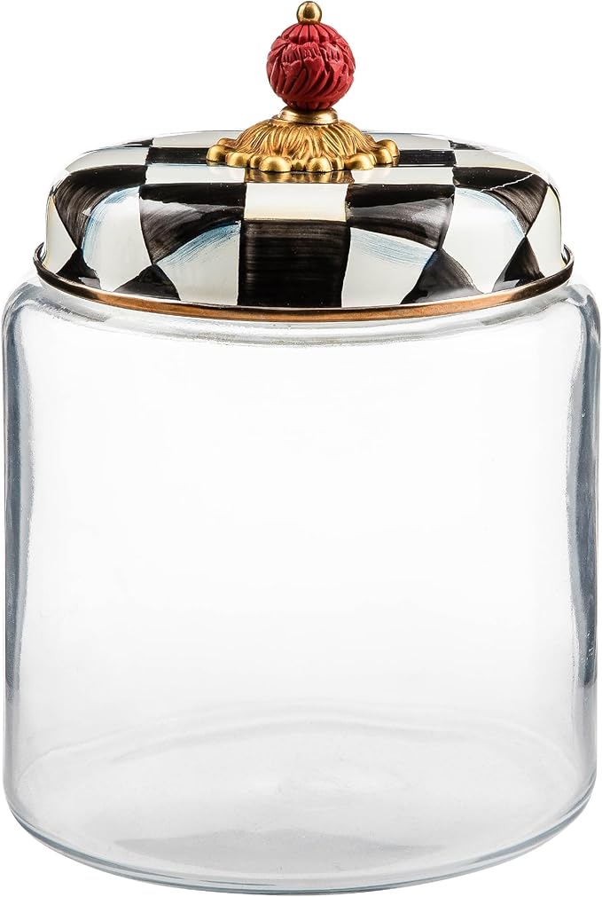 MACKENZIE-CHILDS Courtly Check Kitchen Canister, Decorative Black-and-White Glass Storage Jar with Lid, Large
