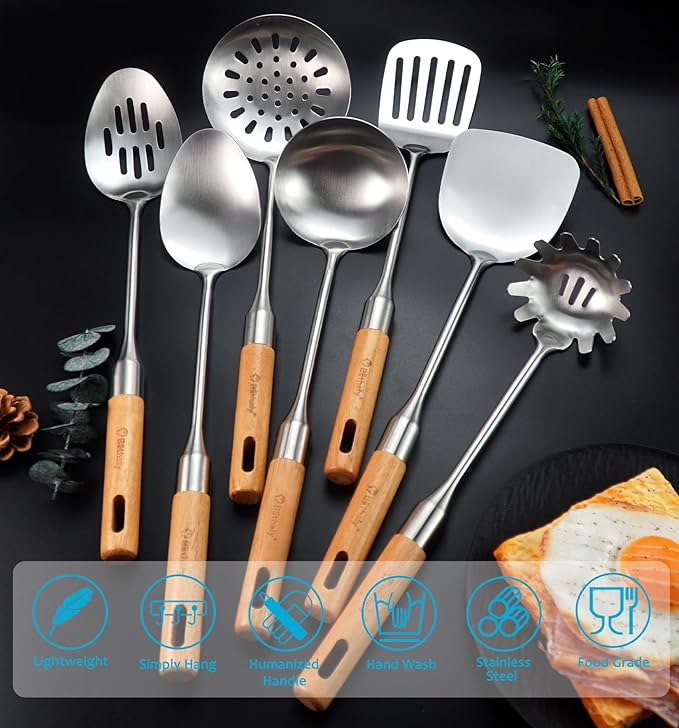 Large Stainless Steel Kitchen Utensils Set, 7 Pcs Cooking Utensils Set with Wooden Handle, Heat Resistant Spatula Tools Set for Cooking, Food Grade Utensils Sets with Turners Spoon Ladle Pasta Fork