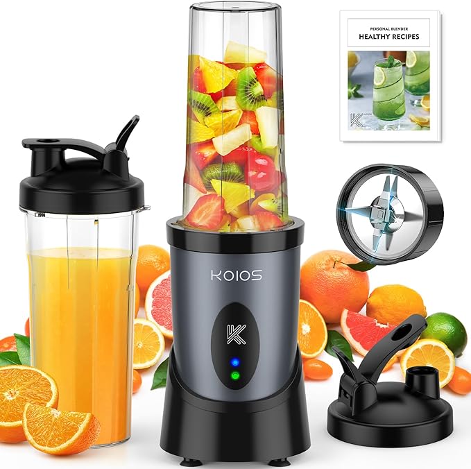 KOIOS Smoothie Blender, 900W Personal Blender for Shakes and Smoothies for Kitchen with 2 No-BPA 22oz Portable Cups, Single Serve Smoothies Maker Mixer for Juices, Nutritious Recipe (Grey Blue)