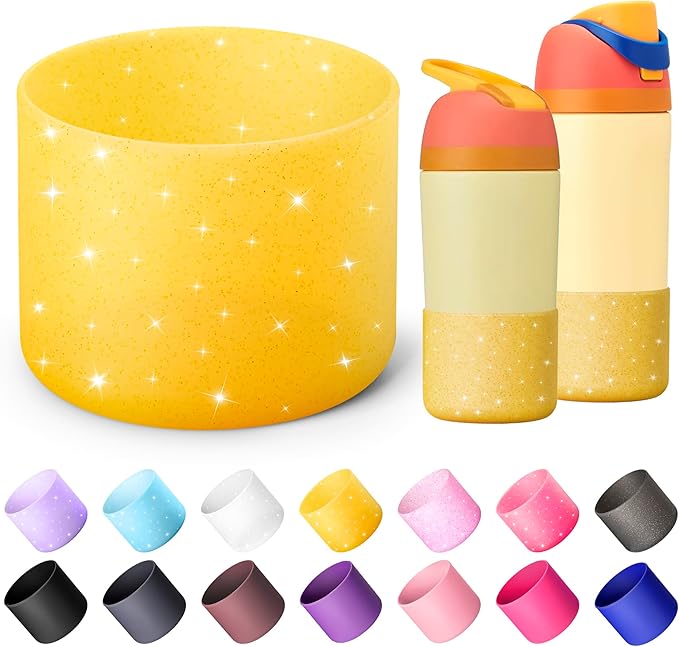 Silicone Water Bottle Boot for Owala 14/16oz, Anti-Slip Protective Sleeve Bottom Bumper Protector for Owala Kids 12 oz Tumbler, Flip 14 oz and FreeSip 16 oz Water Bottle (Glitter Yellow)