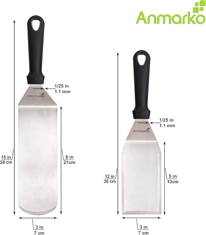 Metal Spatula Stainless Steel and Scraper - Professional Chef Griddle Spatulas Set of 3 - Heavy Duty Accessories Great for Cast Iron BBQ Flat Top Grill Skillet Pan - Commercial Grade