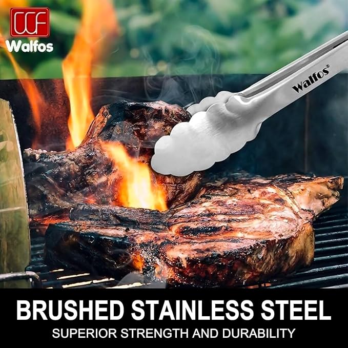 Tong for cooking, Walfos kitchen tongs set of 2 - Heat Resistant 600℉, Heavy Duty Locking Metal cooking Tongs, Stainless Steel BBQ Grilling,(All Metal 12in+16in)