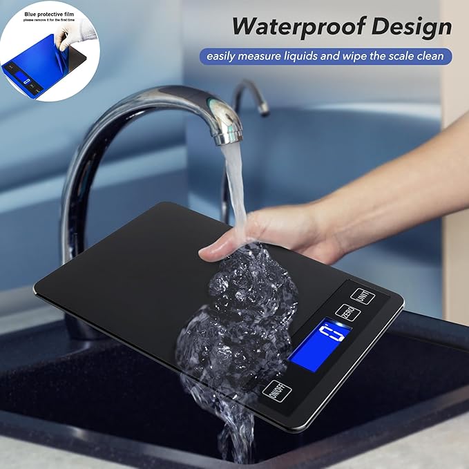 33lb Food Kitchen Digital Scale,1g/0.05oz Precise Graduation, USB Charging Kitchen Scale, Waterproof Stainless Steel with LCD Display, Ounces and Grams for Weight Loss, Cooking, Baking (Black)
