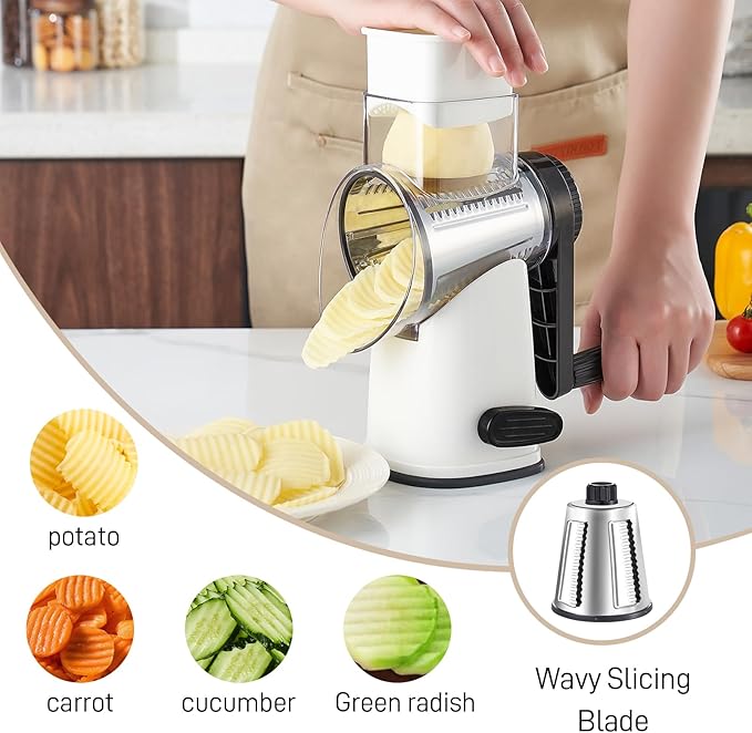 Rotary Cheese Graters with 4 Blades, Hand Crank Cheese Grater with Waffle Slicer, Red, Black and White Cheese Shredder with Suction Base, Easier for Shredding & Grating (White, 4 Graters)