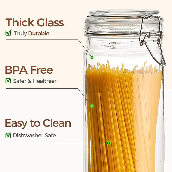 ComSaf 60oz Airtight Glass Jars Set of 3 with Lids Food Storage Jar Round - Tall Spaghetti Container with Clear Preserving Seal Wire Clip Fastening, Pasta jar for Kitchen Canning, Nut,Oat, Dry Goods