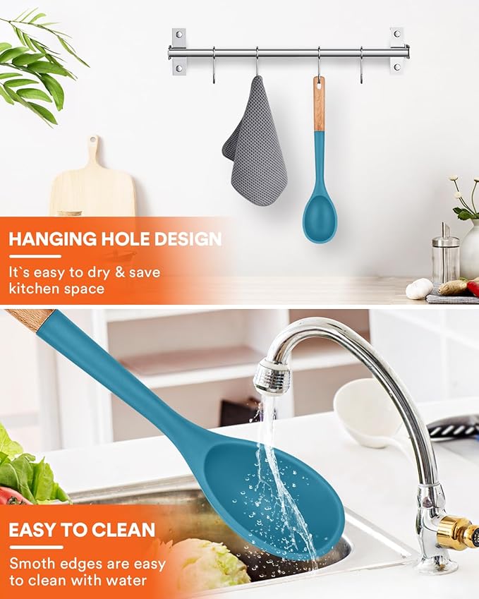 Large Silicone Cooking Spoons, Nonstick Solid Wooden Handle Spoon, Heat Resistan Silicone Kitchen Spoons for Cooking, Serving, Basting, Mixing, 13.2inch (BLUE)
