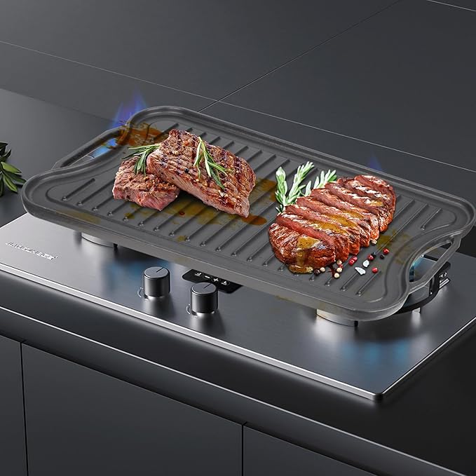 2 in 1 Reversible Cast Iron Griddles for Gas Grill,Flat Griddle-Pan for Gas Stove,Pre-Seasoned Oven Top Pan, Upgrade Double Burner Griddle for Indoor & Outdoor Cooking Accessories,20" X 10.5"