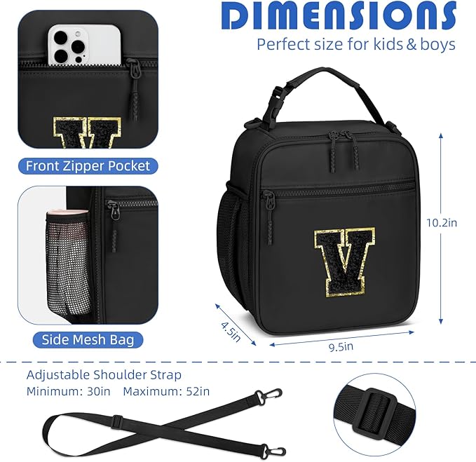 Initial Insulated Lunch Bag for Boys Kids, Back to School Gift, Reusable Leak-proof Lunch Box with Adjustable Strap for School Daycare Travel Picnic（Black，V）