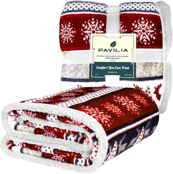 PAVILIA Premium Christmas Sherpa Throw Blanket | Christmas Decoration Reindeers, Fleece, Plush, Warm, Cozy Reversible Microfiber Holiday Blanket 50 x 60