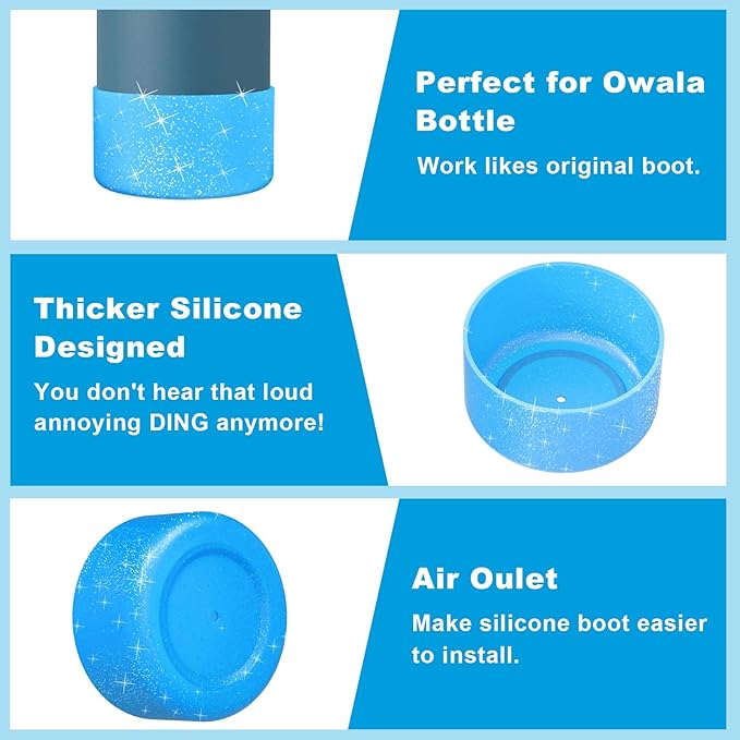 2PCS Silicone Water Bottle Boot for Owala 40oz, Protective Bottom Bumper Anti-Slip Sleeve for FreeSip, Twist, and Flip Stainless Steel Bottles, Dishwasher Safe and BPA Free(Shiny Blue)