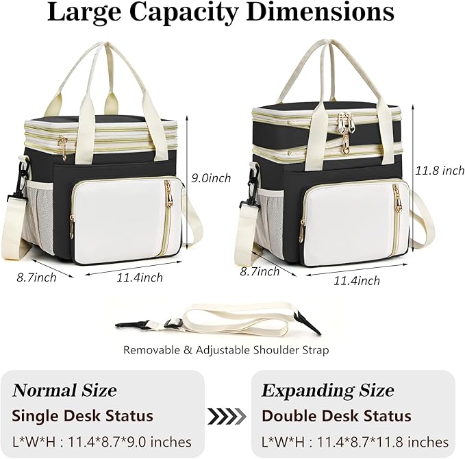 Lunch Box & Lunch Bag for Women Men, Large Insulated Adult Lunch Box Leakproof Lunchbox Cooler Bag for Work Picnic Beach,16L, Black & White