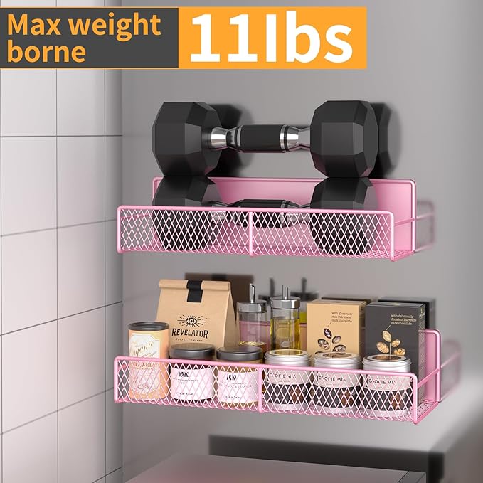 Magnetic Spice Rack for Refrigerator, 4 Pack 100% Metal Strong Magnet Fridge Shelves, Space Saving Spice Organizer, No Drilling Moveable Home Kitchen Laundry Room Storage Organization, Pink