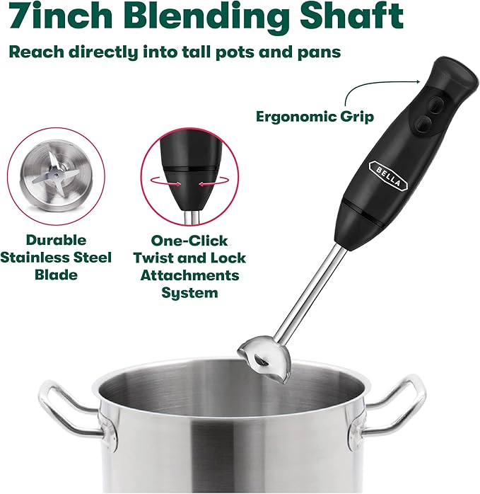 BELLA Immersion Hand Blender, Portable Mixer with Whisk Attachment - Electric Handheld Juicer, Shakes, Baby Food and Smoothie Maker, Stainless Steel, Black