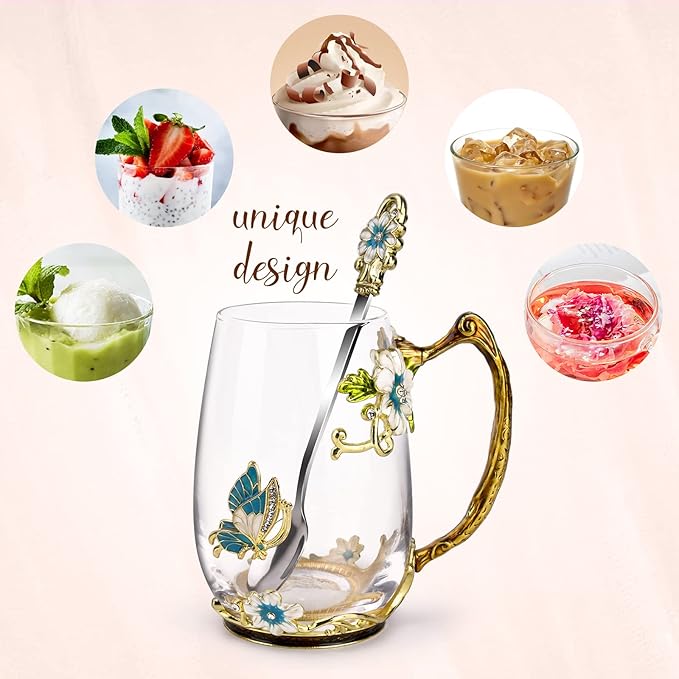 OEAGO Birthday Gifts for Women Mom Glass Coffee Enamels Mug Best Mothers Day Butterfly Gifts for Her from Daughter Son Lead-Free Christmas Tea Cup with Spoon Sets