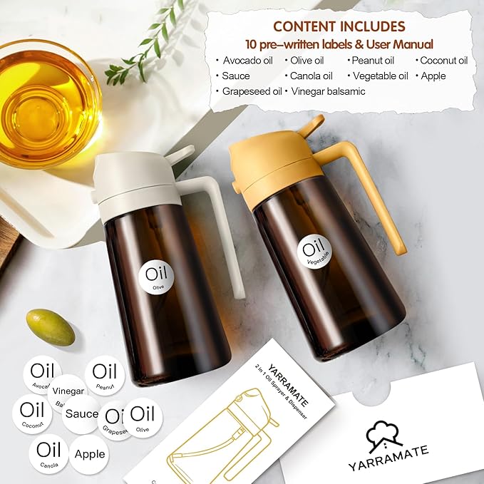 YARRAMATE 16oz/470ml Light Blocking Oil Sprayer for Cooking with Stickers, Food-Grade 2 in 1 Olive Oil Dispenser Bottle for Kitchen, Premium Dark Amber Glass Oil Bottle for Air Fryer, BBQ(Orange)