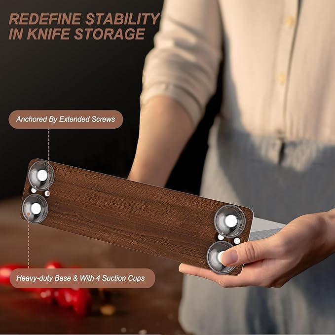 Magnetic Knife Holder, Stainless Steel Magnetic Knife Block without Knives, Strong Double Sided Magnet Knife Storage Strip with Wood Base for Kitchen Counter-Silver