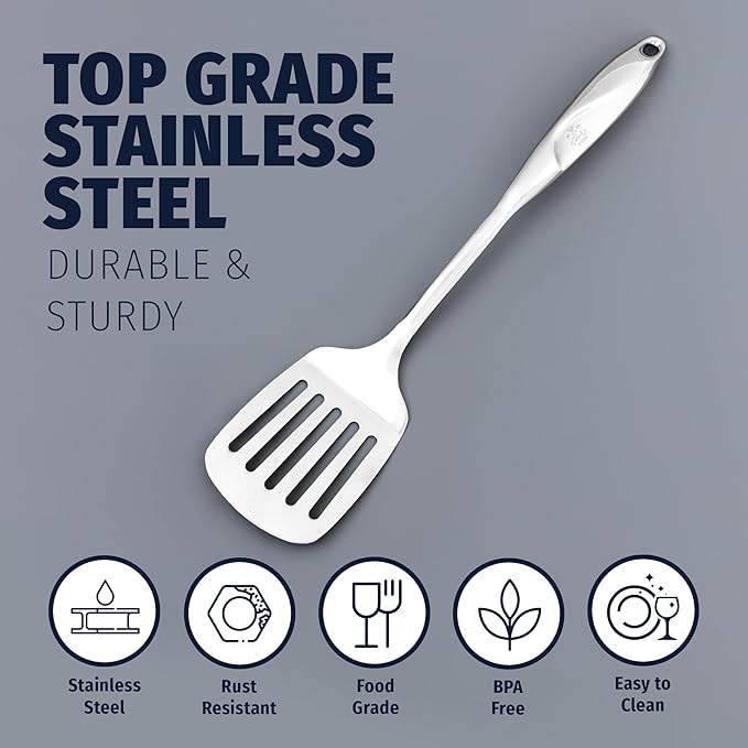 Zulay Kitchen Stainless Steel Slotted Turner - 14.8” Heat-Resistant Metal Spatula for Cooking, Frying & Grilling - Durable, Rust-Proof & Dishwasher Safe Kitchen Utensil for Everyday Use