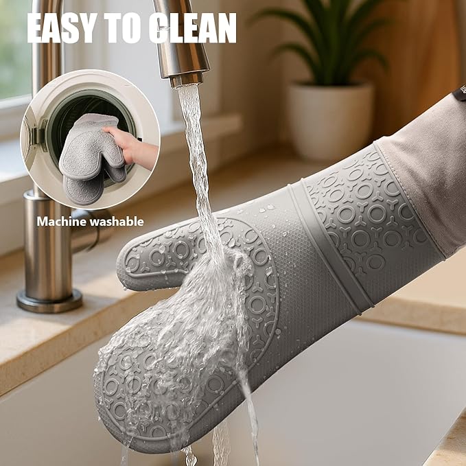 Rorecay 6pcs Oven Mitts and Pot Holders Sets for Kitchen, Extra Long Silicone Oven Gloves High Heat Resistant 500 Degrees Non-Slip Potholders Hot Pads for Baking Cooking, Grey